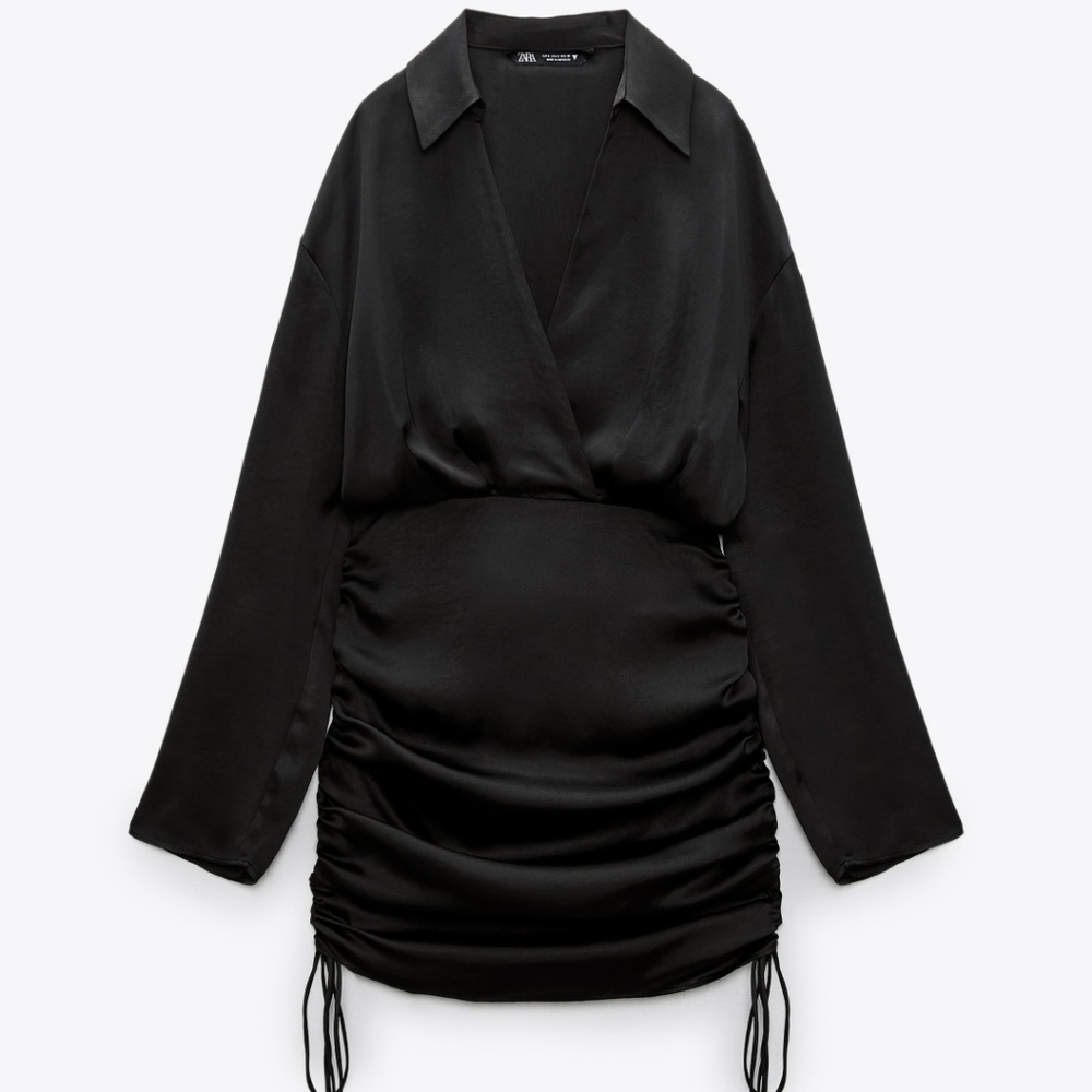 ZARA * SHORT SATIN EFFECT RUCHED DRAWSTRING DRESS Black - Picture 2 of 7